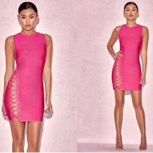 House Of CB Sakara Hot Pink Side Lace Bandage Dress Womens Small